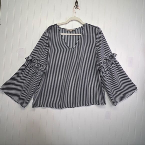 Ann Taylor LOFT Striped Ruffle Sleeve V-Neck Blouse Preppy Navy large - Picture 3 of 13